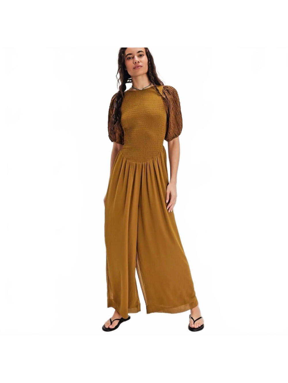 $228 Free People Temperley Puff Sleeve Jumpsuit color Calvary Green.Sz S #1278